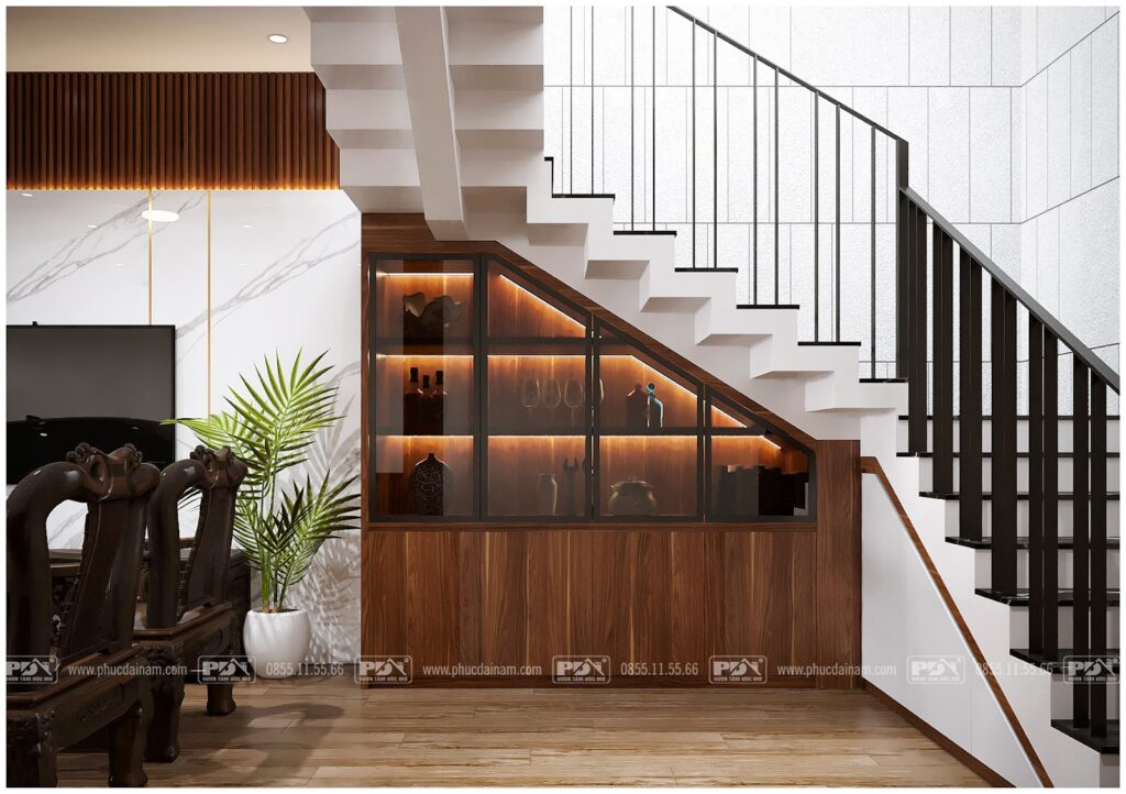 Tủ rượu hệ gỗ sang trọng trong thiết kế nội thất phòng khách