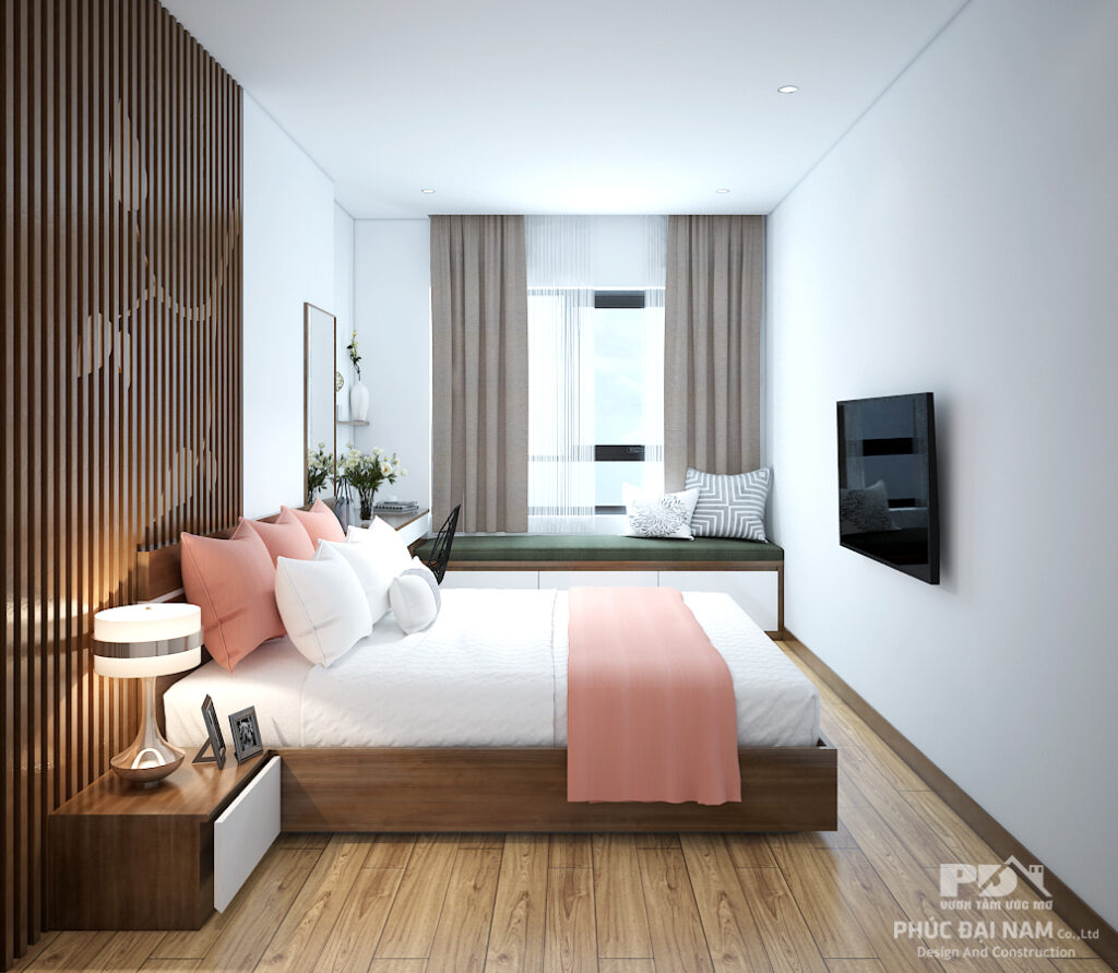 Thiết kế nội thất phòng ngủ chung cư với chất liệu chủ yếu là gỗ công nghiệp.